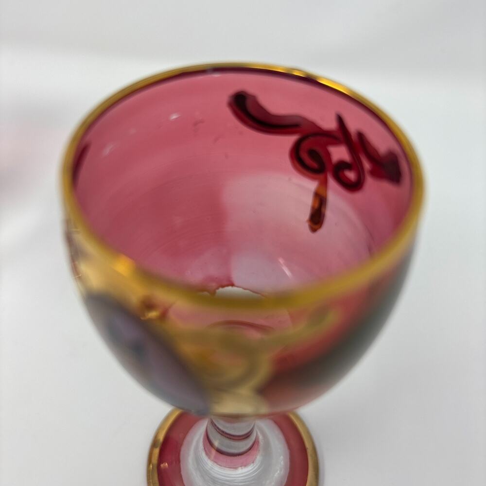 Set 6 Vtg Bohemian Cranberry Shah Qajar Persian King Cordial Glasses Gilt Red - Picture 7 of 9